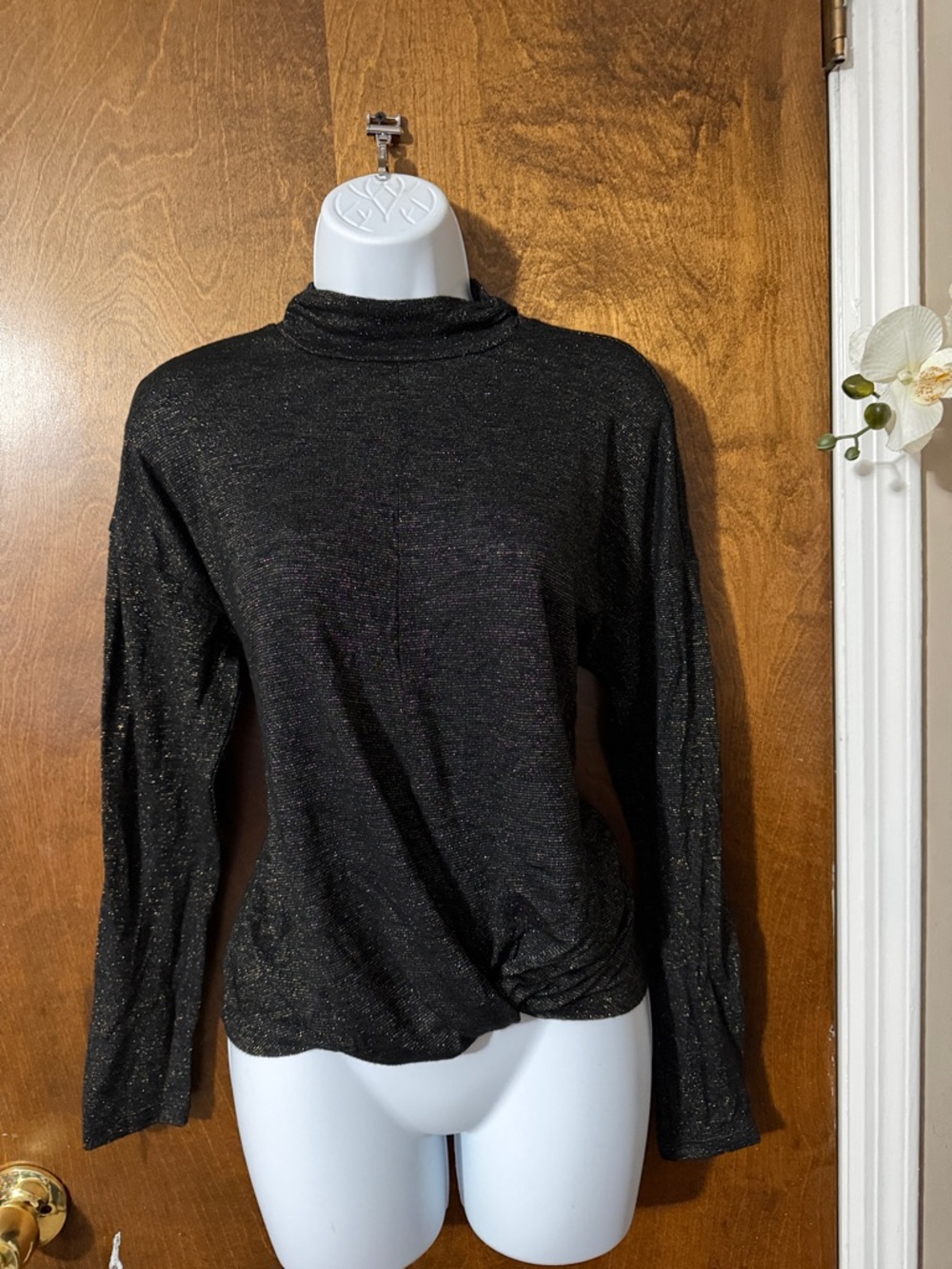 Jennifer Lopez Black Shimmer Long Sleeve Mock Neck Top